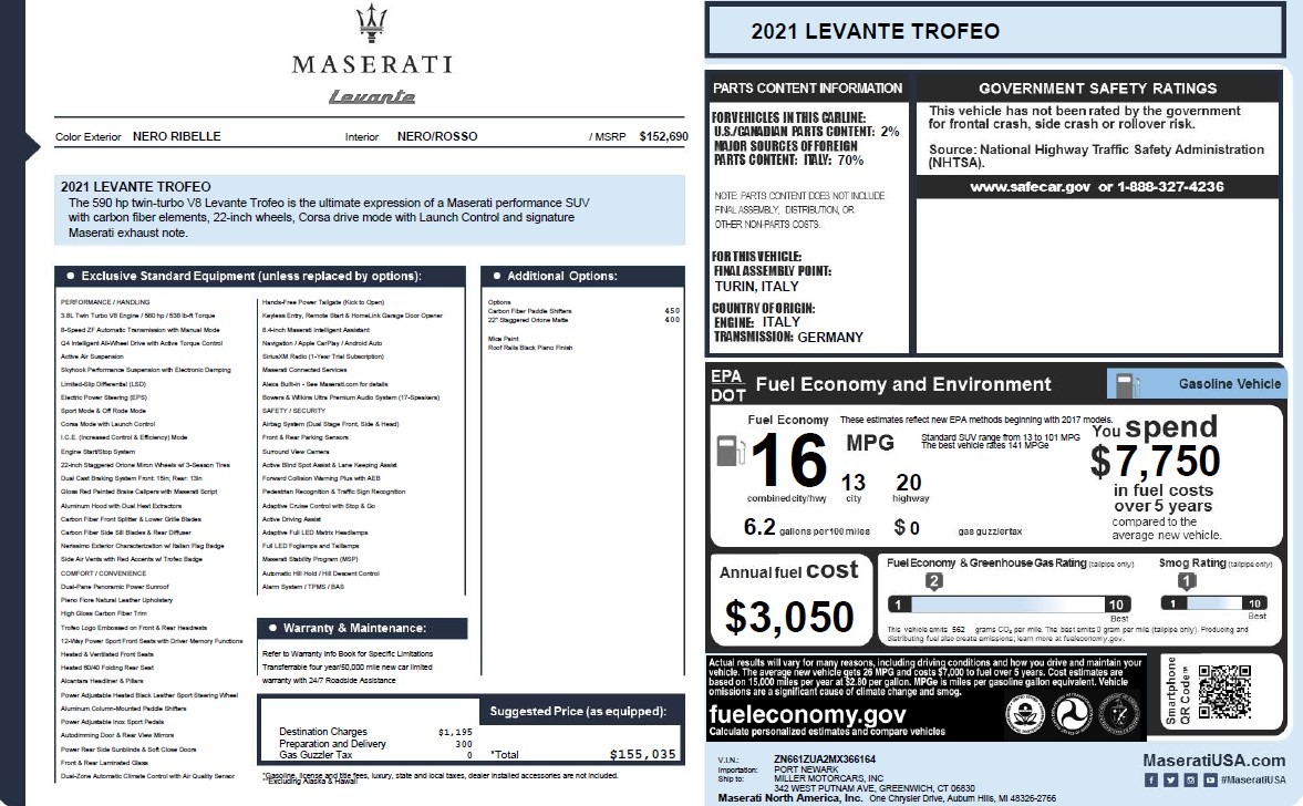Used 2021 Maserati Levante Trofeo for sale $65,900 at Miller Motorcars Aston Martin in Greenwich CT 06830 1