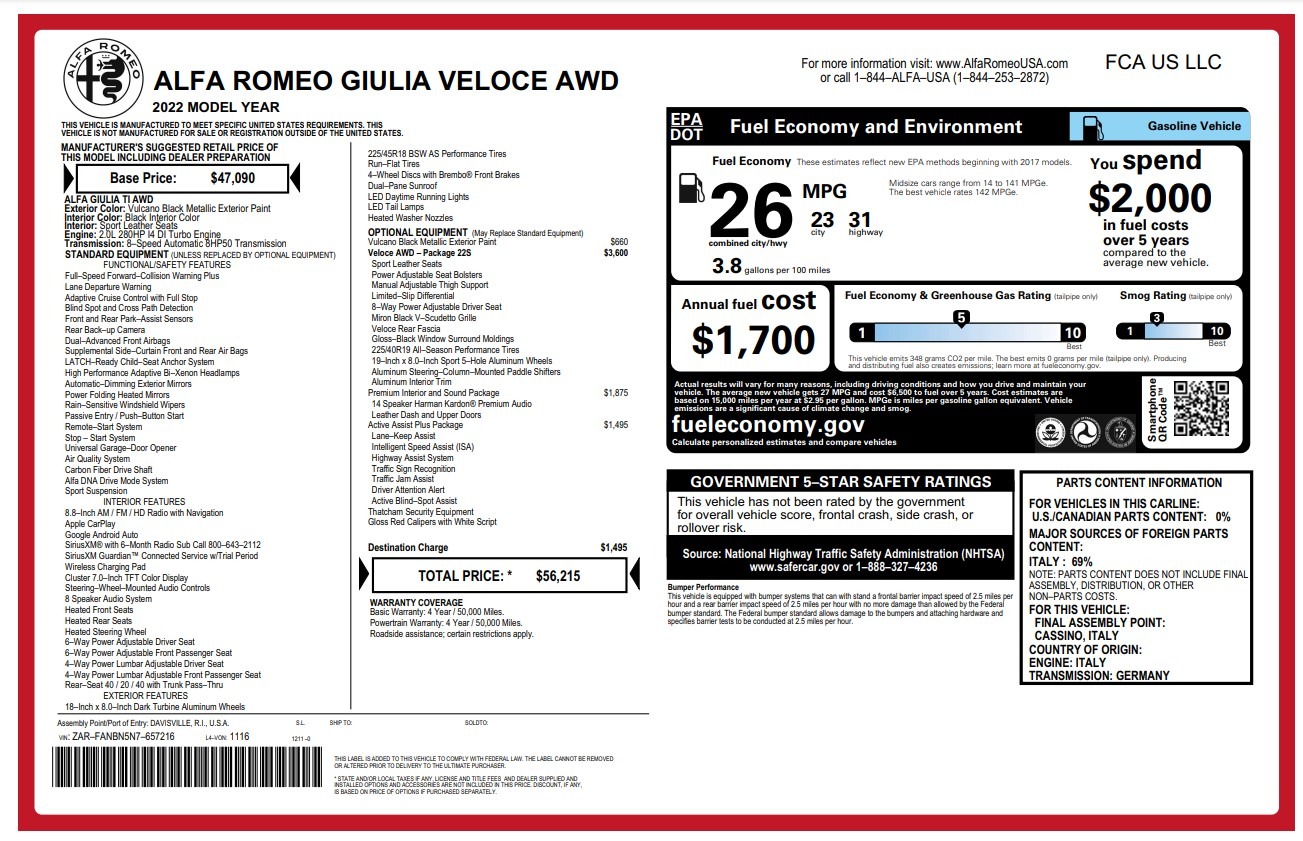 Used 2022 Alfa Romeo Giulia Veloce for sale $28,900 at Miller Motorcars Aston Martin in Greenwich CT 06830 1