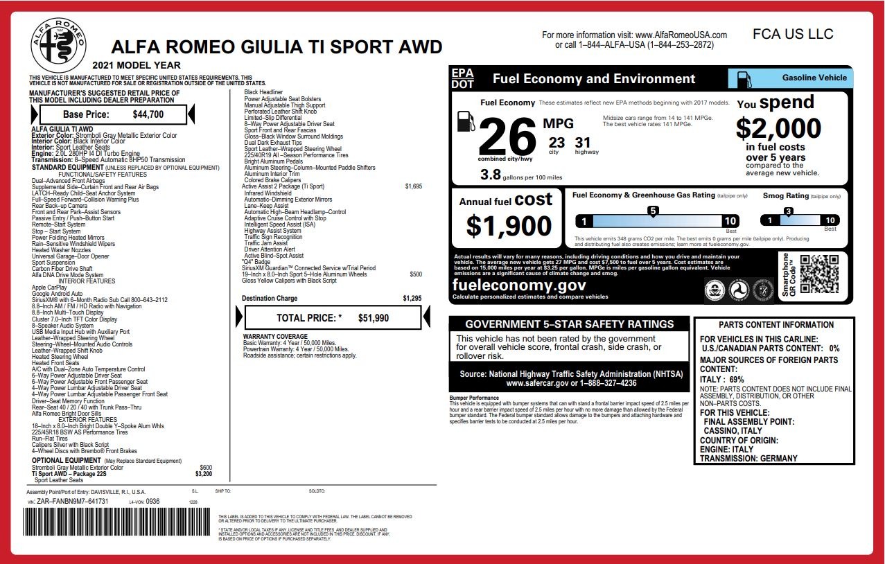 Used 2021 Alfa Romeo Giulia Ti Sport for sale $39,900 at Aston Martin of Greenwich in Greenwich CT 06830 1