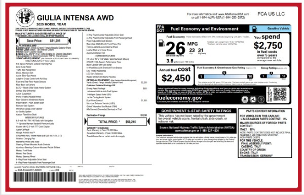 New 2025 Alfa Romeo Giulia Intensa for sale $50,568 at Miller Motorcars Aston Martin in Greenwich CT 06830 18