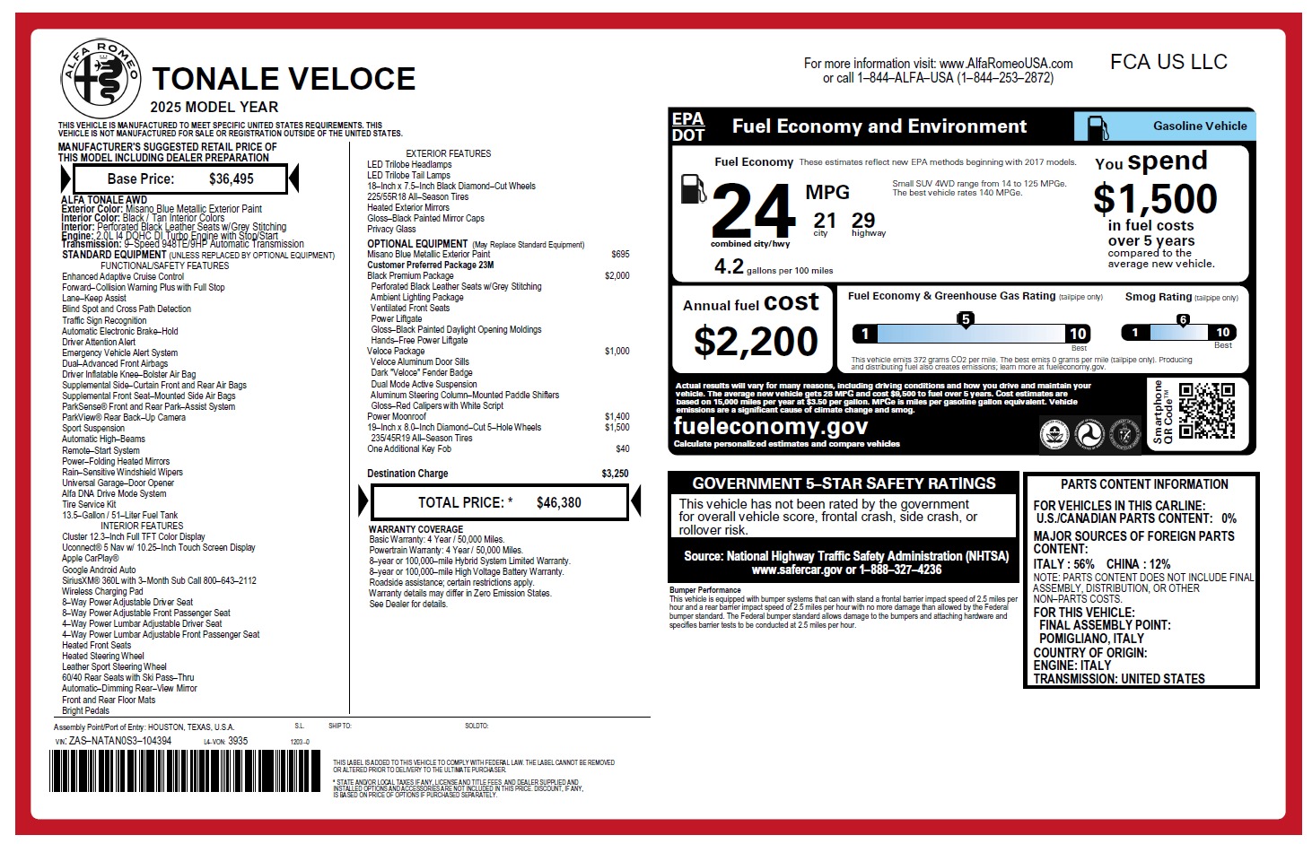 New 2025 Alfa Romeo Tonale for sale $46,380 at Miller Motorcars Aston Martin in Greenwich CT 06830 1