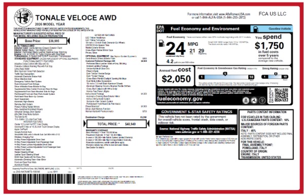 New 2026 Alfa Romeo Tonale Veloce for sale $48,940 at Miller Motorcars Aston Martin in Greenwich CT 06830 25