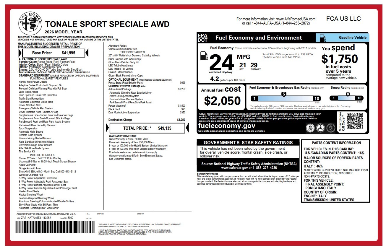 New 2026 Alfa Romeo Tonale Sport Speciale for sale $49,135 at Miller Motorcars Aston Martin in Greenwich CT 06830 1