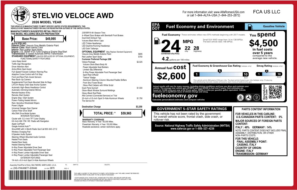 New 2026 Alfa Romeo Stelvio Veloce for sale $59,965 at Miller Motorcars Aston Martin in Greenwich CT 06830 1