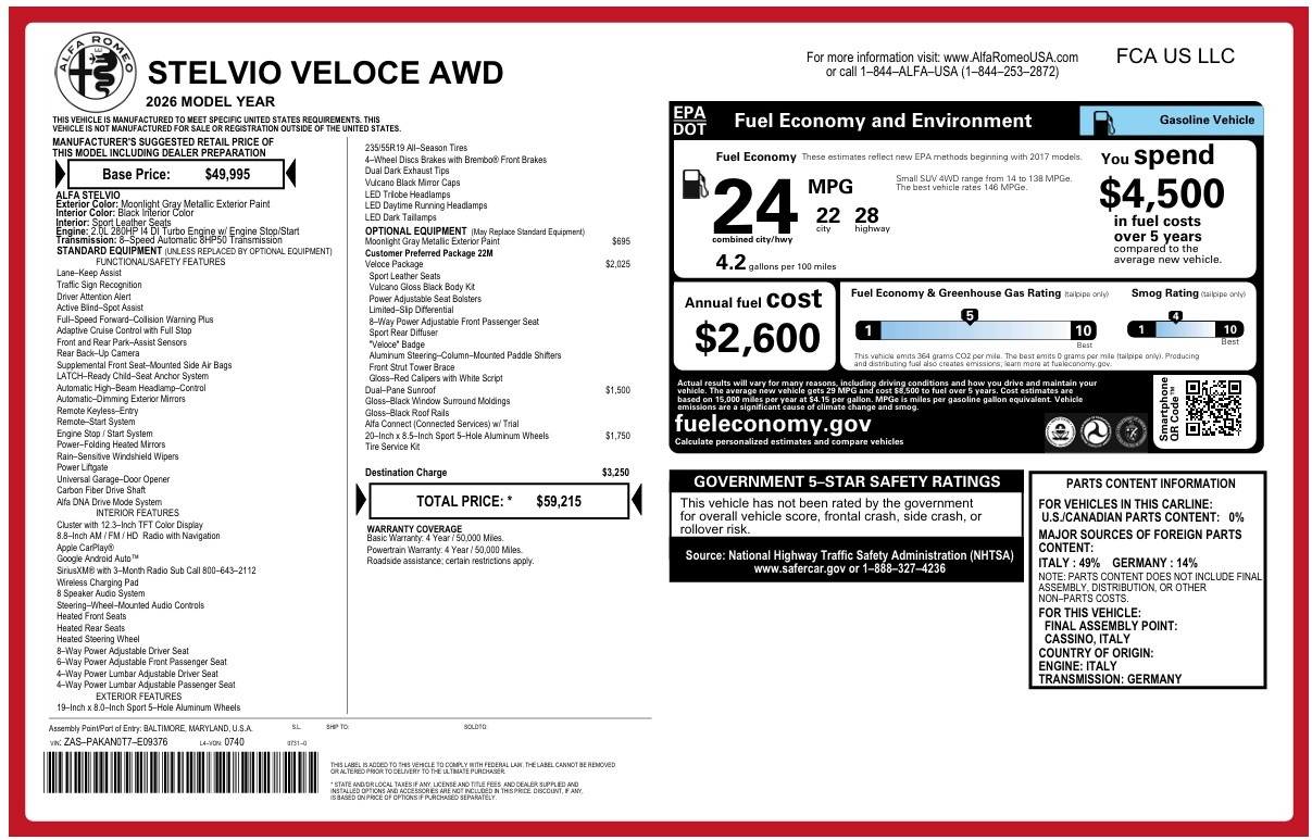 New 2026 Alfa Romeo Stelvio Veloce for sale $59,215 at Miller Motorcars Aston Martin in Greenwich CT 06830 1