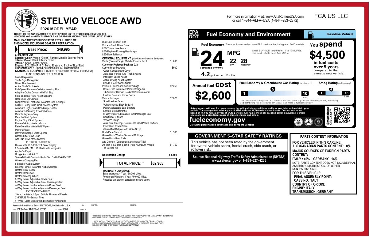 New 2026 Alfa Romeo Stelvio Veloce for sale $62,965 at Miller Motorcars Aston Martin in Greenwich CT 06830 1