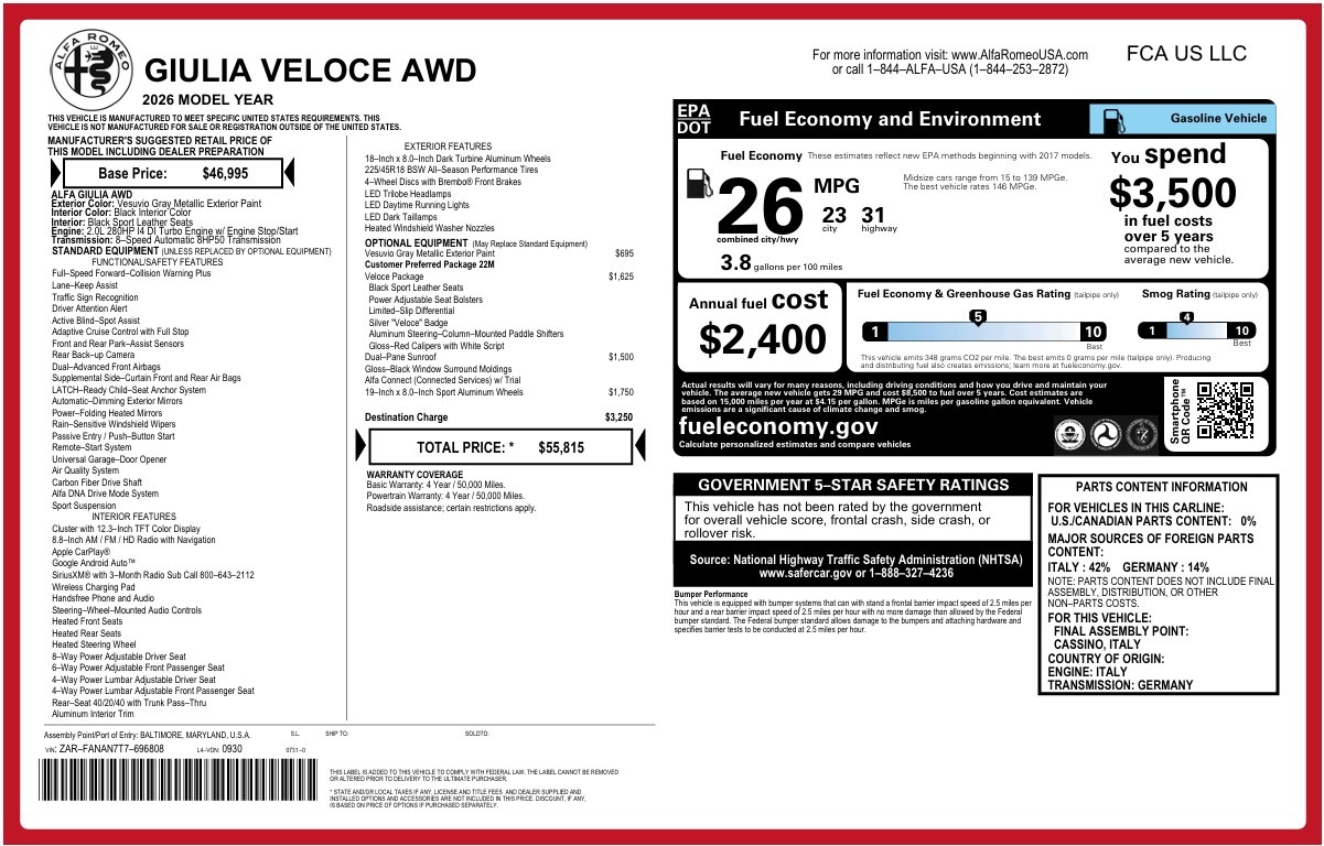 New 2026 Alfa Romeo Giulia Veloce for sale $55,815 at Miller Motorcars Aston Martin in Greenwich CT 06830 1