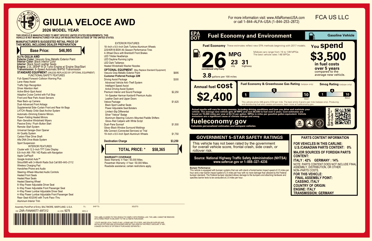 New 2026 Alfa Romeo Giulia VELOCE for sale $58,365 at Miller Motorcars Aston Martin in Greenwich CT 06830 1